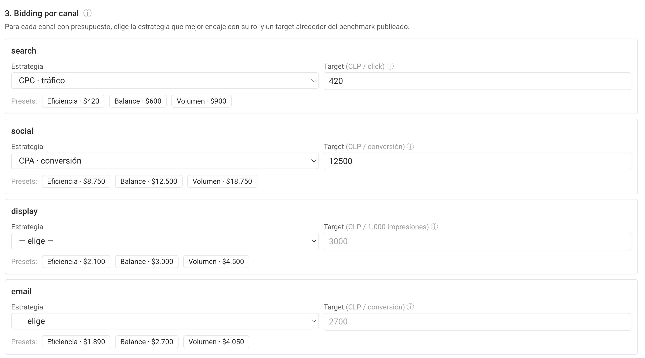 Vista de configuración de campaña — SimMarketing